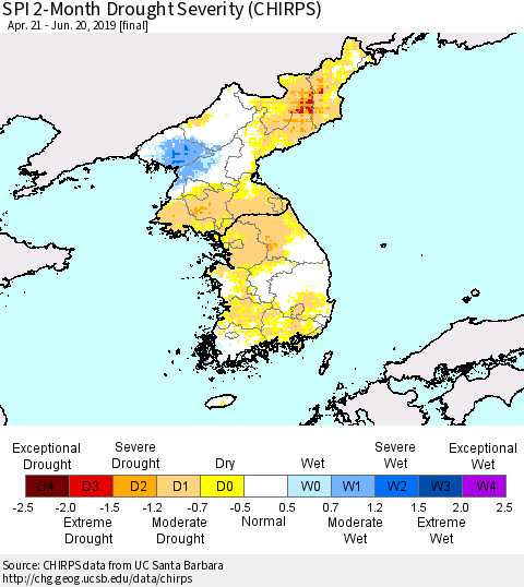 Korea SPI 2-Month Drought Severity (CHIRPS) Thematic Map For 4/21/2019 - 6/20/2019
