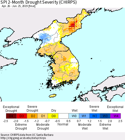 Korea SPI 2-Month Drought Severity (CHIRPS) Thematic Map For 4/26/2019 - 6/25/2019
