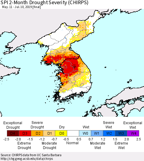 Korea SPI 2-Month Drought Severity (CHIRPS) Thematic Map For 5/11/2019 - 7/10/2019