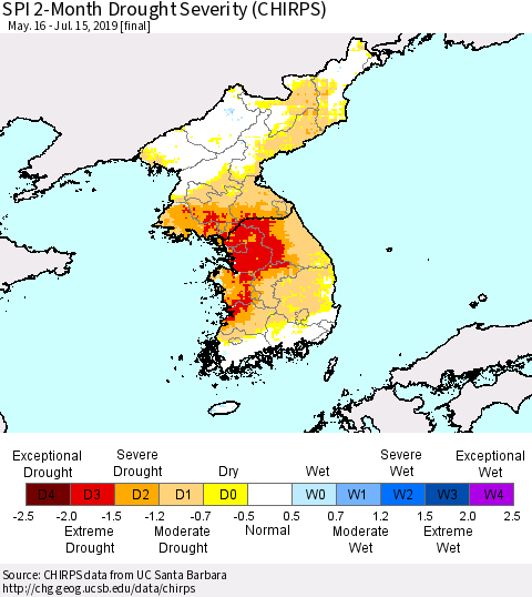 Korea SPI 2-Month Drought Severity (CHIRPS) Thematic Map For 5/16/2019 - 7/15/2019