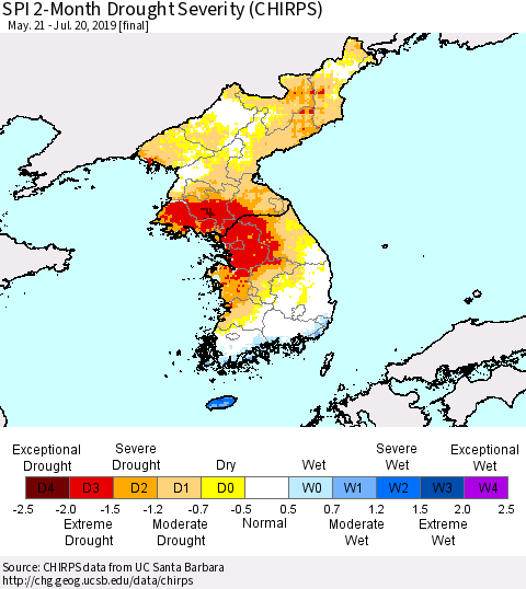 Korea SPI 2-Month Drought Severity (CHIRPS) Thematic Map For 5/21/2019 - 7/20/2019