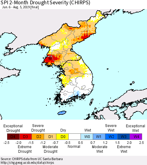 Korea SPI 2-Month Drought Severity (CHIRPS) Thematic Map For 6/6/2019 - 8/5/2019