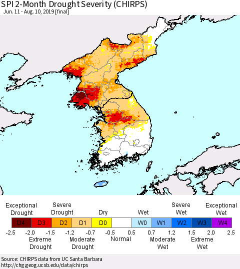 Korea SPI 2-Month Drought Severity (CHIRPS) Thematic Map For 6/11/2019 - 8/10/2019