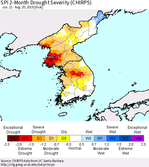 Korea SPI 2-Month Drought Severity (CHIRPS) Thematic Map For 6/21/2019 - 8/20/2019