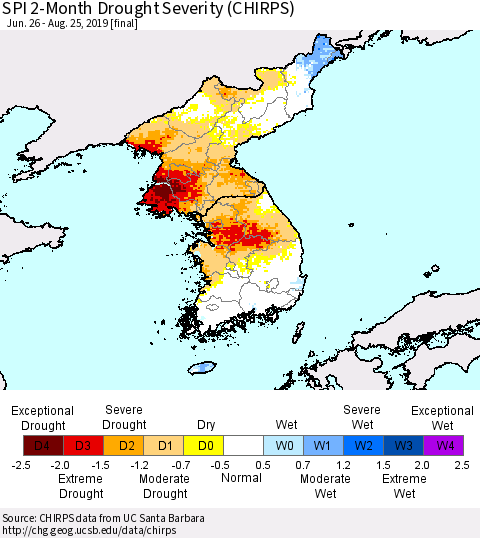 Korea SPI 2-Month Drought Severity (CHIRPS) Thematic Map For 6/26/2019 - 8/25/2019