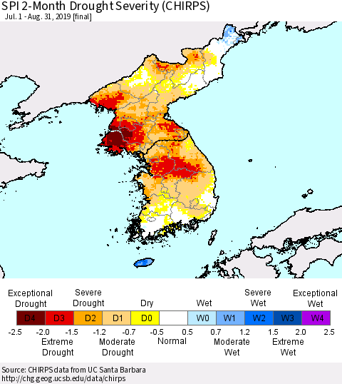 Korea SPI 2-Month Drought Severity (CHIRPS) Thematic Map For 7/1/2019 - 8/31/2019