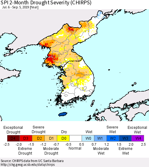 Korea SPI 2-Month Drought Severity (CHIRPS) Thematic Map For 7/6/2019 - 9/5/2019