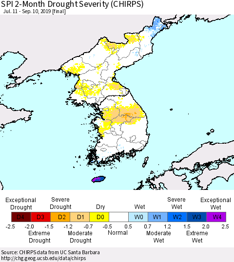 Korea SPI 2-Month Drought Severity (CHIRPS) Thematic Map For 7/11/2019 - 9/10/2019