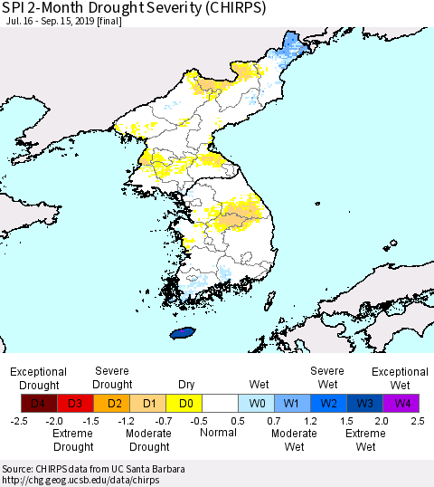 Korea SPI 2-Month Drought Severity (CHIRPS) Thematic Map For 7/16/2019 - 9/15/2019
