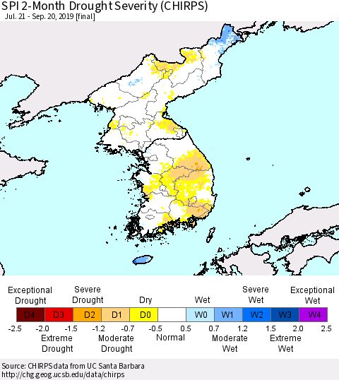 Korea SPI 2-Month Drought Severity (CHIRPS) Thematic Map For 7/21/2019 - 9/20/2019