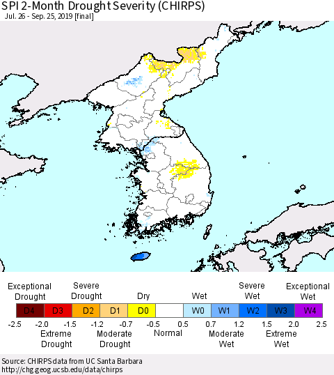 Korea SPI 2-Month Drought Severity (CHIRPS) Thematic Map For 7/26/2019 - 9/25/2019
