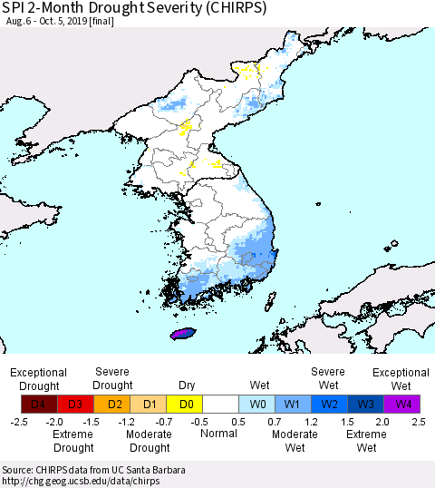 Korea SPI 2-Month Drought Severity (CHIRPS) Thematic Map For 8/6/2019 - 10/5/2019