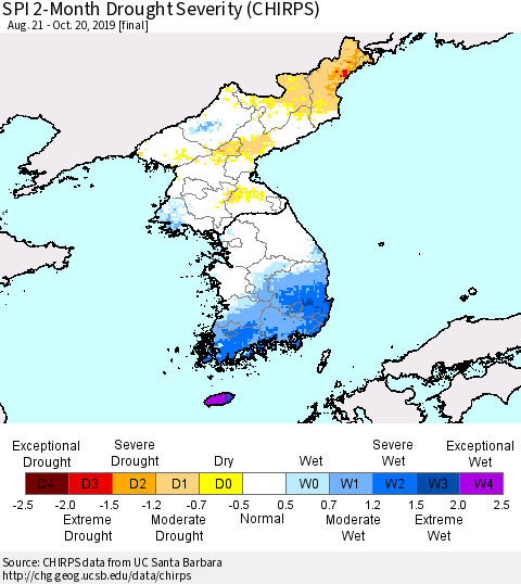 Korea SPI 2-Month Drought Severity (CHIRPS) Thematic Map For 8/21/2019 - 10/20/2019