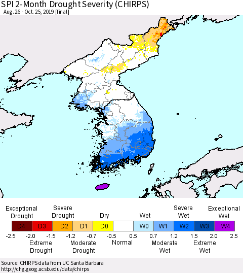 Korea SPI 2-Month Drought Severity (CHIRPS) Thematic Map For 8/26/2019 - 10/25/2019