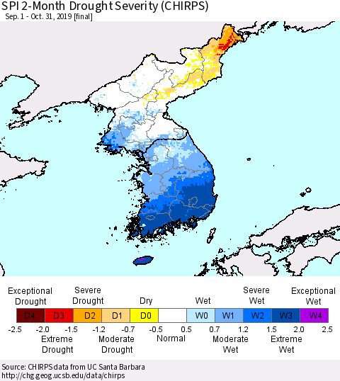 Korea SPI 2-Month Drought Severity (CHIRPS) Thematic Map For 9/1/2019 - 10/31/2019