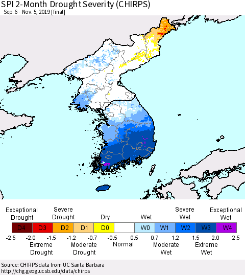 Korea SPI 2-Month Drought Severity (CHIRPS) Thematic Map For 9/6/2019 - 11/5/2019