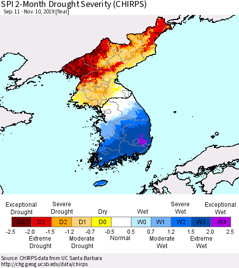 Korea SPI 2-Month Drought Severity (CHIRPS) Thematic Map For 9/11/2019 - 11/10/2019