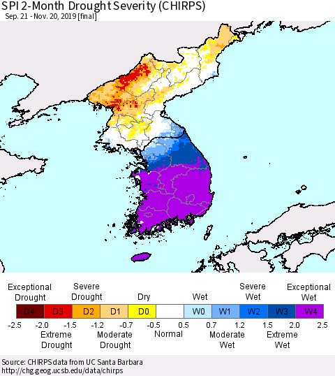 Korea SPI 2-Month Drought Severity (CHIRPS) Thematic Map For 9/21/2019 - 11/20/2019