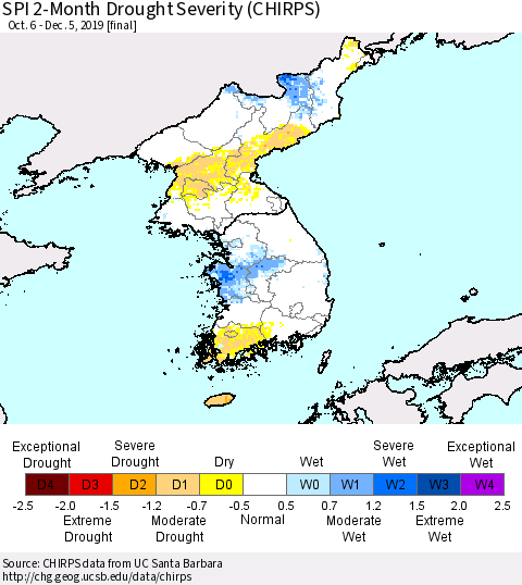 Korea SPI 2-Month Drought Severity (CHIRPS) Thematic Map For 10/6/2019 - 12/5/2019