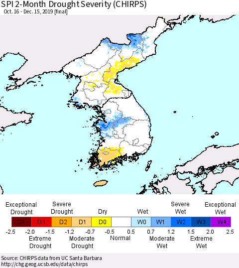 Korea SPI 2-Month Drought Severity (CHIRPS) Thematic Map For 10/16/2019 - 12/15/2019