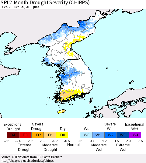 Korea SPI 2-Month Drought Severity (CHIRPS) Thematic Map For 10/21/2019 - 12/20/2019