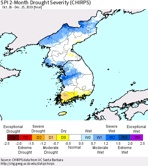 Korea SPI 2-Month Drought Severity (CHIRPS) Thematic Map For 10/26/2019 - 12/25/2019