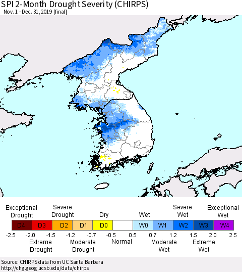 Korea SPI 2-Month Drought Severity (CHIRPS) Thematic Map For 11/1/2019 - 12/31/2019