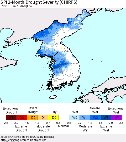 Korea SPI 2-Month Drought Severity (CHIRPS) Thematic Map For 11/6/2019 - 1/5/2020