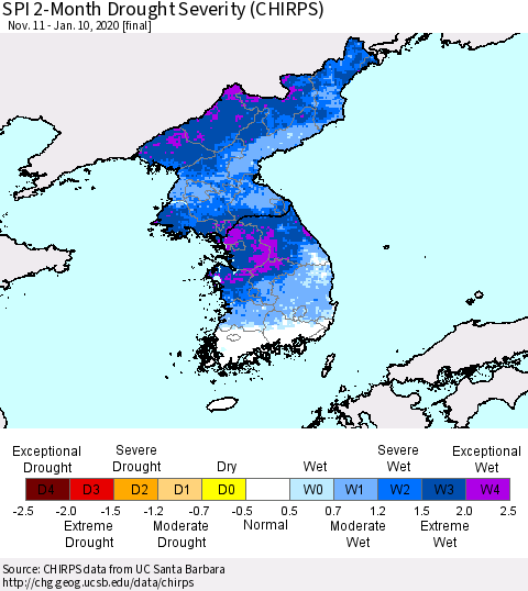 Korea SPI 2-Month Drought Severity (CHIRPS) Thematic Map For 11/11/2019 - 1/10/2020