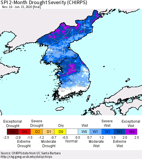 Korea SPI 2-Month Drought Severity (CHIRPS) Thematic Map For 11/16/2019 - 1/15/2020