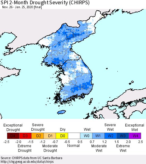 Korea SPI 2-Month Drought Severity (CHIRPS) Thematic Map For 11/26/2019 - 1/25/2020