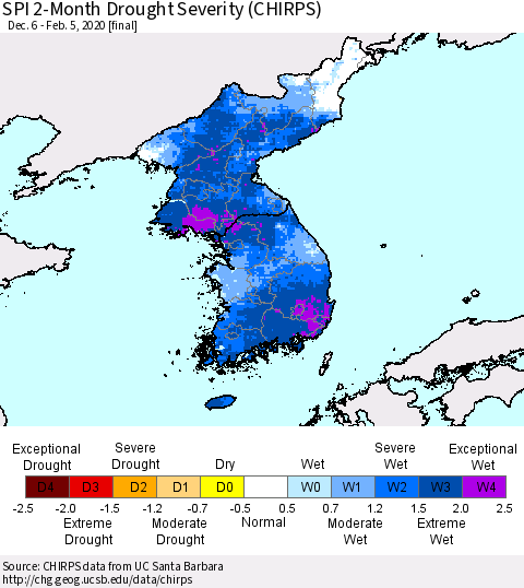 Korea SPI 2-Month Drought Severity (CHIRPS) Thematic Map For 12/6/2019 - 2/5/2020