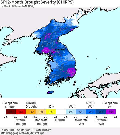 Korea SPI 2-Month Drought Severity (CHIRPS) Thematic Map For 12/11/2019 - 2/10/2020