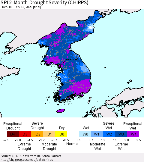 Korea SPI 2-Month Drought Severity (CHIRPS) Thematic Map For 12/16/2019 - 2/15/2020