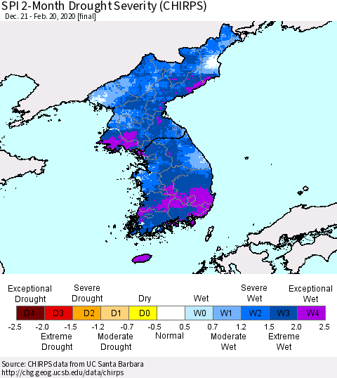 Korea SPI 2-Month Drought Severity (CHIRPS) Thematic Map For 12/21/2019 - 2/20/2020