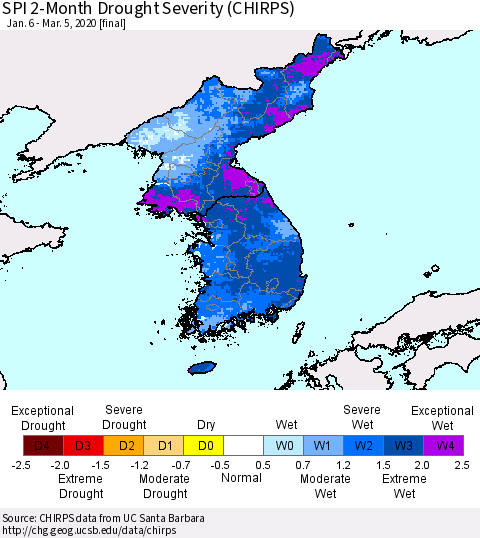 Korea SPI 2-Month Drought Severity (CHIRPS) Thematic Map For 1/6/2020 - 3/5/2020