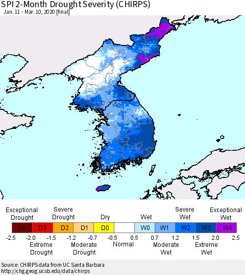 Korea SPI 2-Month Drought Severity (CHIRPS) Thematic Map For 1/11/2020 - 3/10/2020