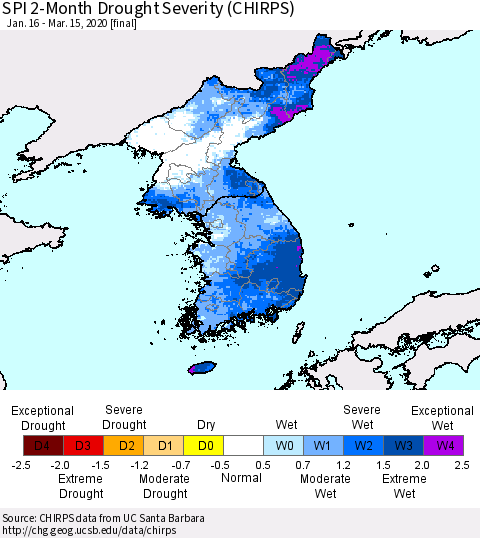 Korea SPI 2-Month Drought Severity (CHIRPS) Thematic Map For 1/16/2020 - 3/15/2020