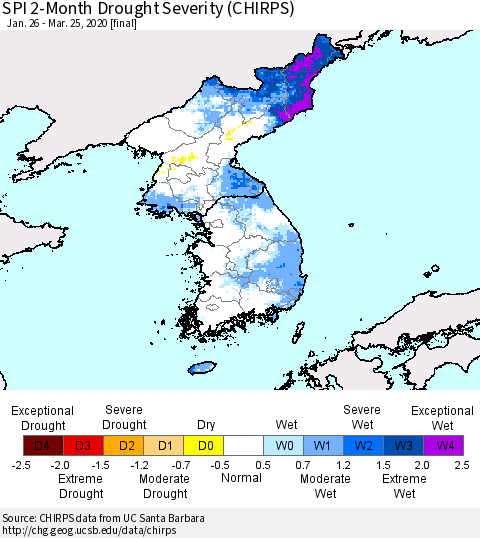 Korea SPI 2-Month Drought Severity (CHIRPS) Thematic Map For 1/26/2020 - 3/25/2020
