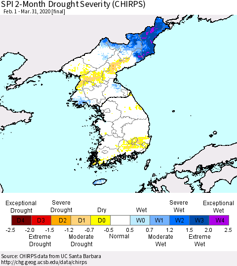 Korea SPI 2-Month Drought Severity (CHIRPS) Thematic Map For 2/1/2020 - 3/31/2020