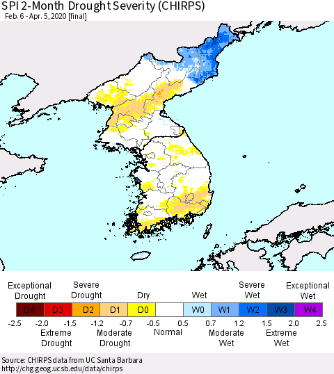Korea SPI 2-Month Drought Severity (CHIRPS) Thematic Map For 2/6/2020 - 4/5/2020