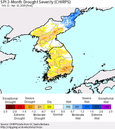 Korea SPI 2-Month Drought Severity (CHIRPS) Thematic Map For 2/11/2020 - 4/10/2020