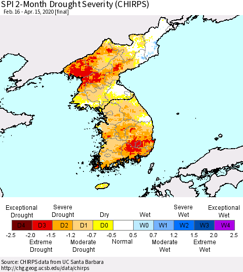 Korea SPI 2-Month Drought Severity (CHIRPS) Thematic Map For 2/16/2020 - 4/15/2020