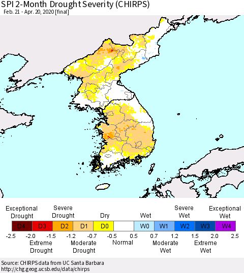 Korea SPI 2-Month Drought Severity (CHIRPS) Thematic Map For 2/21/2020 - 4/20/2020