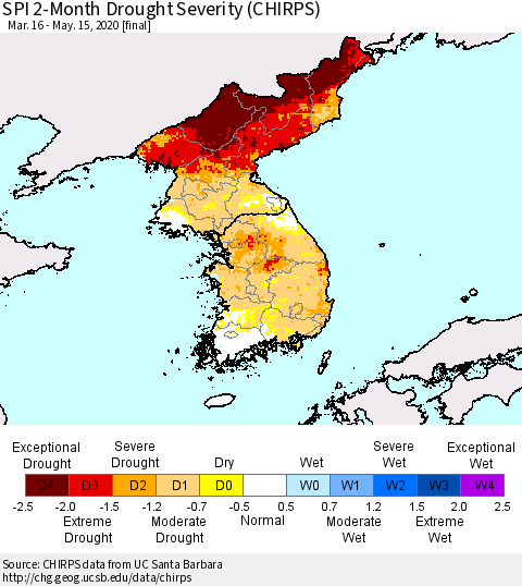 Korea SPI 2-Month Drought Severity (CHIRPS) Thematic Map For 3/16/2020 - 5/15/2020