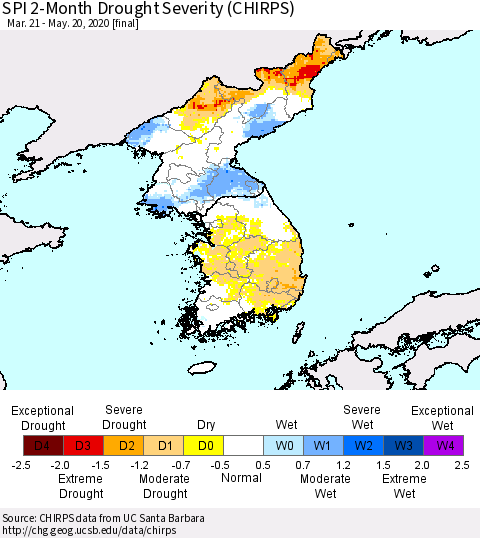 Korea SPI 2-Month Drought Severity (CHIRPS) Thematic Map For 3/21/2020 - 5/20/2020