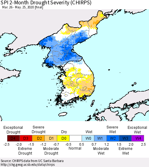 Korea SPI 2-Month Drought Severity (CHIRPS) Thematic Map For 3/26/2020 - 5/25/2020