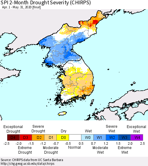 Korea SPI 2-Month Drought Severity (CHIRPS) Thematic Map For 4/1/2020 - 5/31/2020