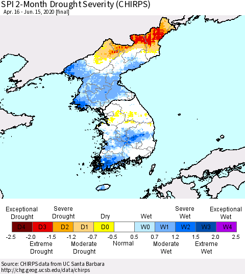 Korea SPI 2-Month Drought Severity (CHIRPS) Thematic Map For 4/16/2020 - 6/15/2020