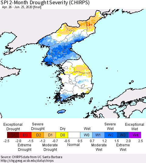 Korea SPI 2-Month Drought Severity (CHIRPS) Thematic Map For 4/26/2020 - 6/25/2020